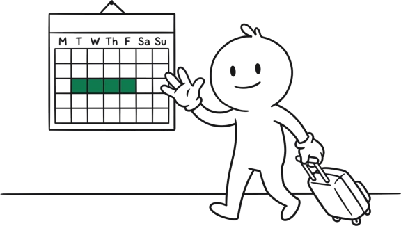 A hand-drawn figure waving as they walk off with a wheeled suitcase, past a wall calendar with a run of days marked green.