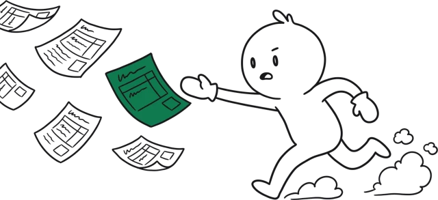A hand-drawn figure running after timesheet pages blowing away in the wind, reaching for the nearest one.