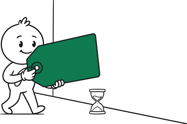 A hand-drawn figure carrying a large blank green price tag towards a wall, with a half-run hourglass on the floor.