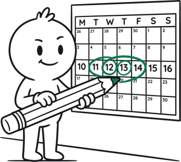 A hand-drawn figure circling days on a wall calendar in green.