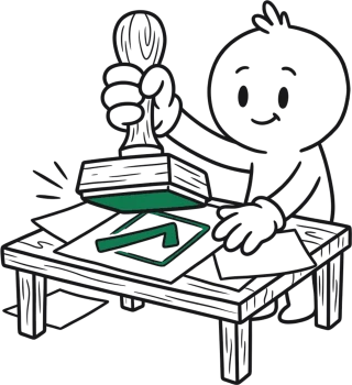 A hand-drawn figure pressing a large rubber stamp onto a document, leaving a green tick.