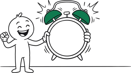 A hand-drawn figure holding up a ringing alarm clock with a green bell.