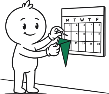 A hand-drawn figure pinning a small green flag onto one day of a calendar.