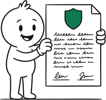 A hand-drawn figure holding up a signed document with a green crest at the top.